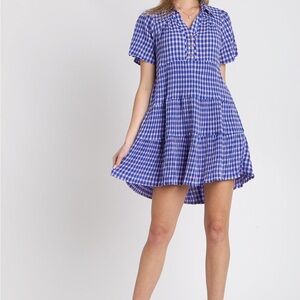 Umgee Gingham Tiered Button Detail Short Sleeve Dress